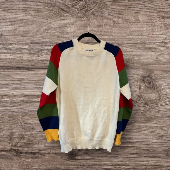 Oxknit Sweaters - Ivory Sweater With Colorful Sleeves